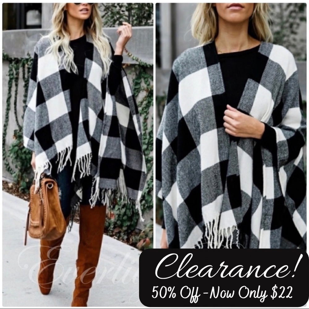 Black & Winter White Buffalo Plaid Poncho - Picture 1 of 9